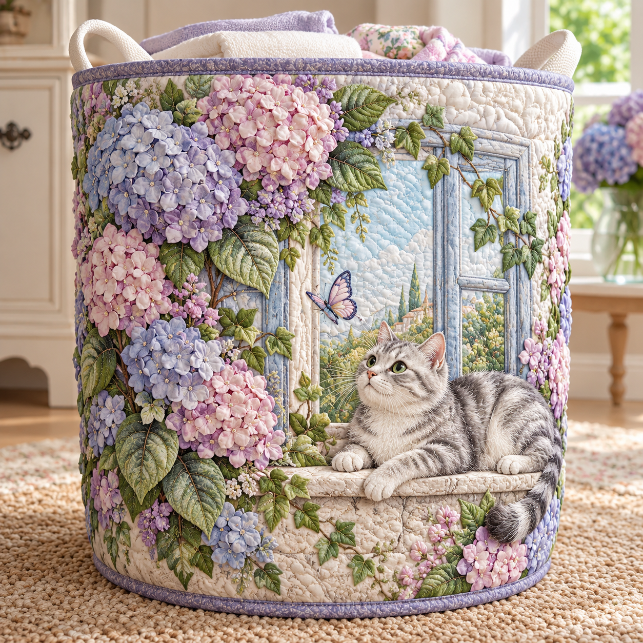 Tabby Cat Hydrangea Garden Quilted Laundry Basket