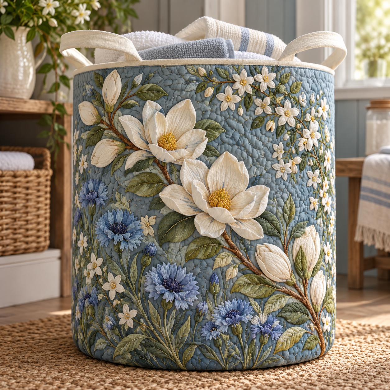 Magnolia Blue Blossom Garden Quilted Laundry Basket