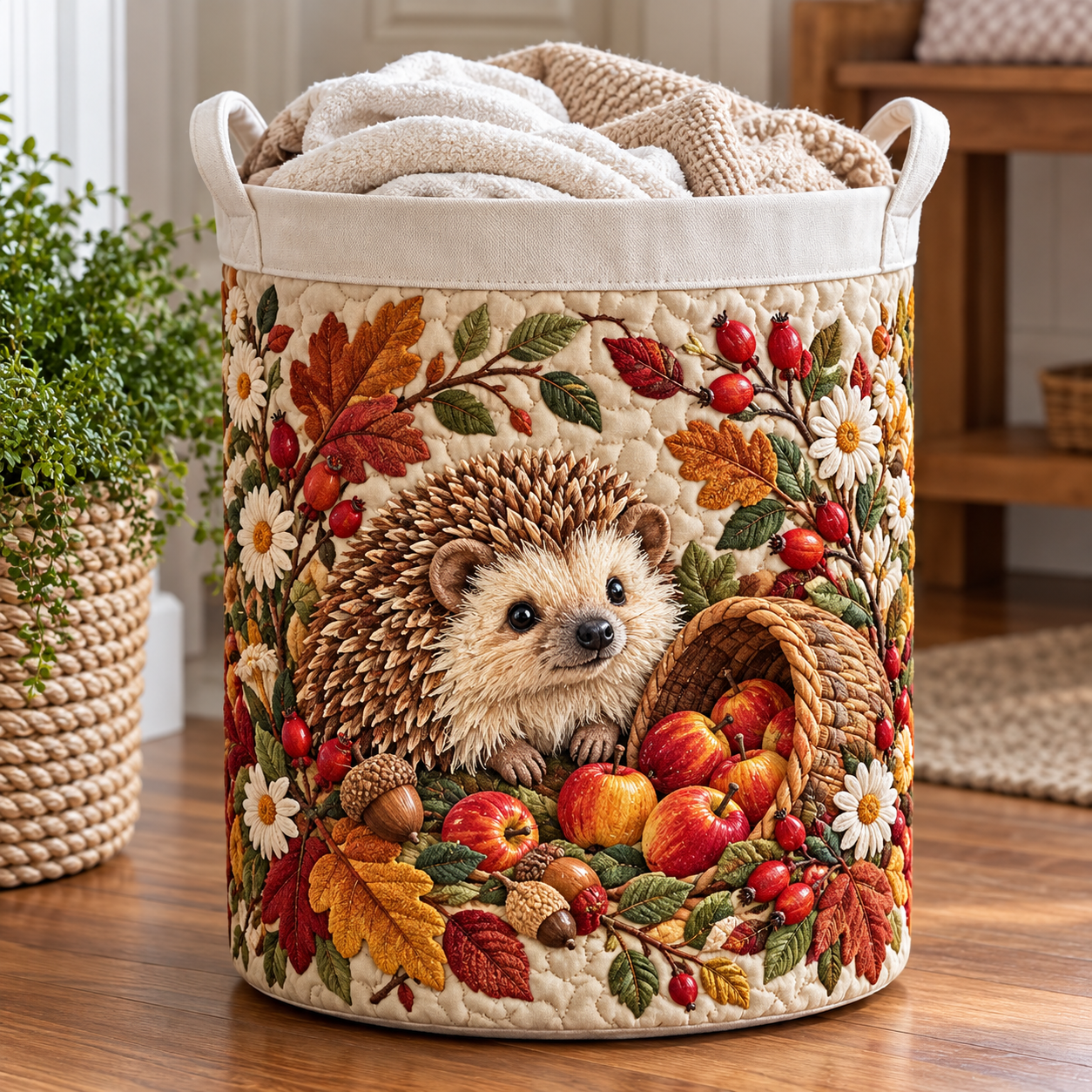 Hedgehog Apple Harvest Quilted Laundry Basket