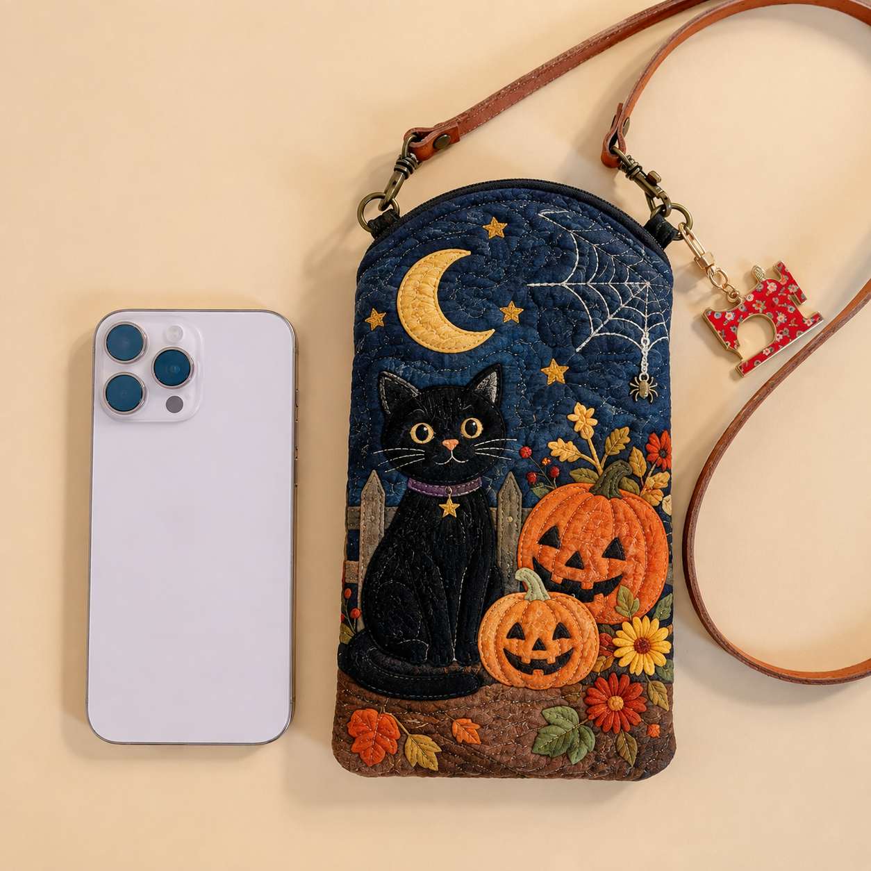 Black Cat Pumpkin Night Quilted Slim Phone Crossbody Bag