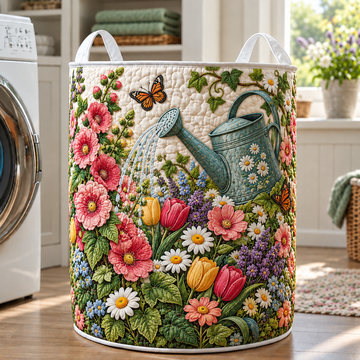 Watering Can Flower Garden Quilted Laundry Basket