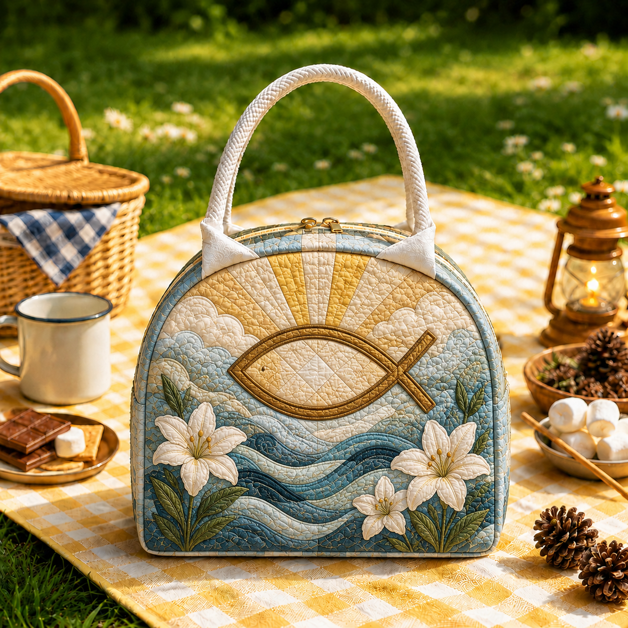 Christian Fish & Ocean Waves Quilted Lunch Bag