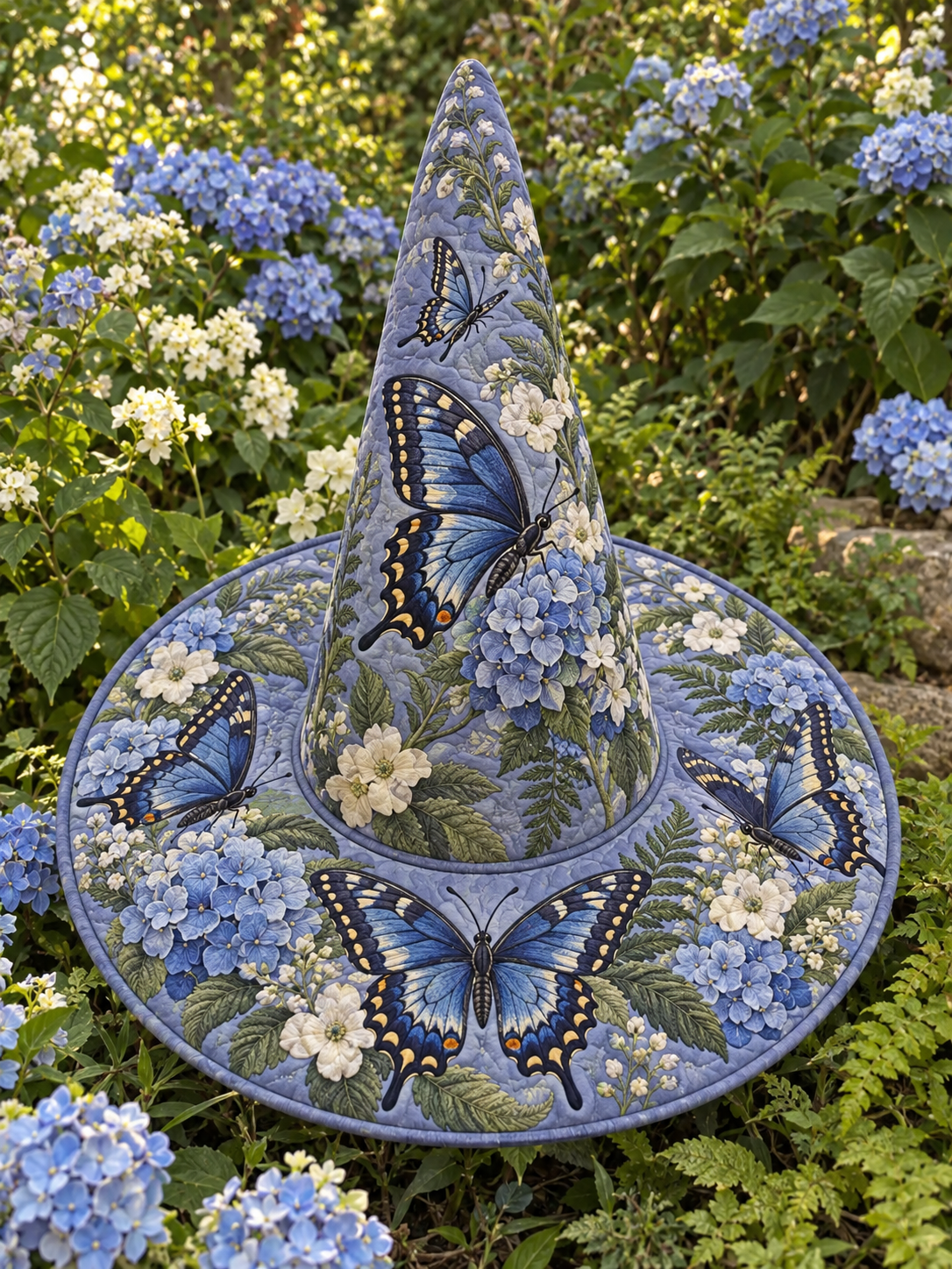 Blue Hydrangea Butterfly Quilted Witch Hat