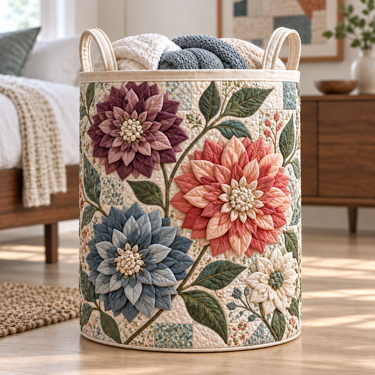 Patchwork Dahlia Floral Quilted Laundry Basket