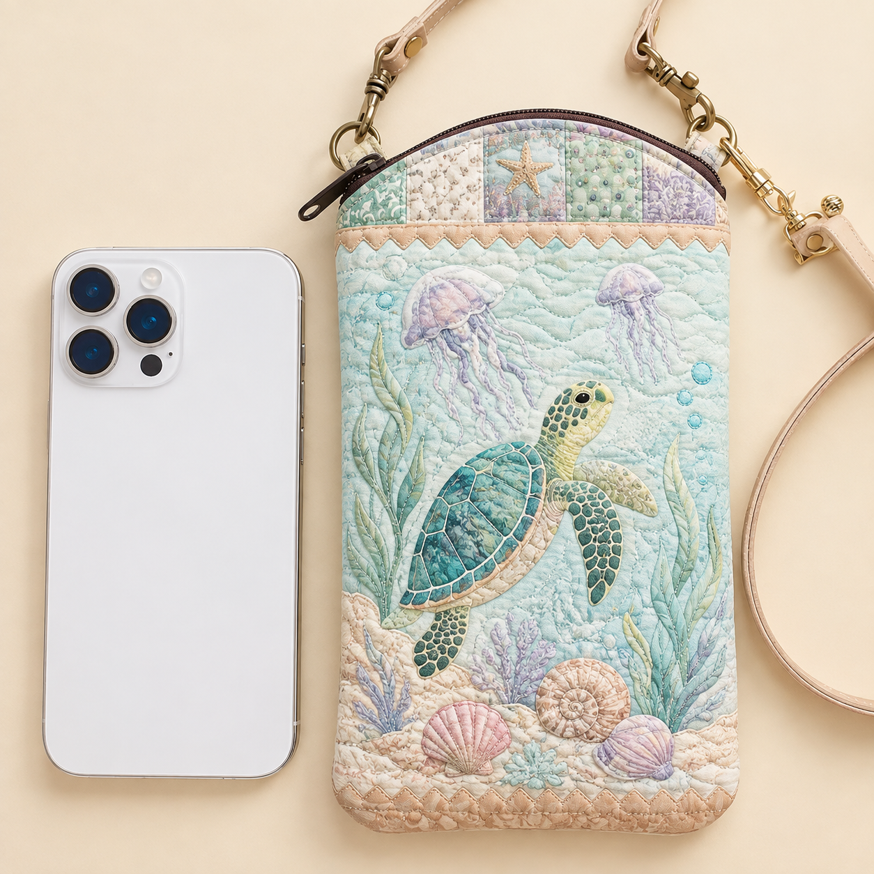 Pastel Jellyfish Sea Turtle Quilted Slim Phone Crossbody Bag