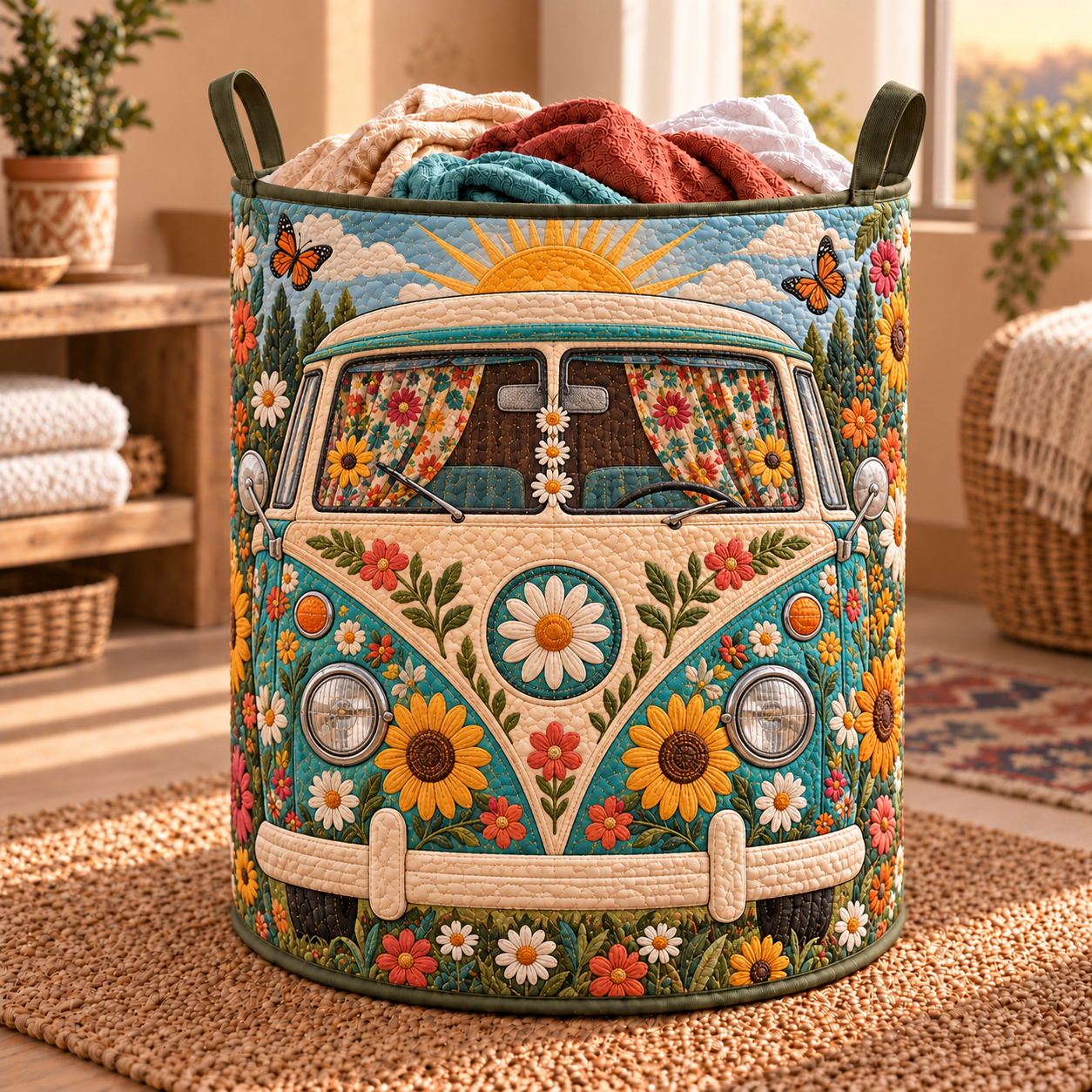 Daisy Sunshine Hippie Van Quilted Laundry Basket