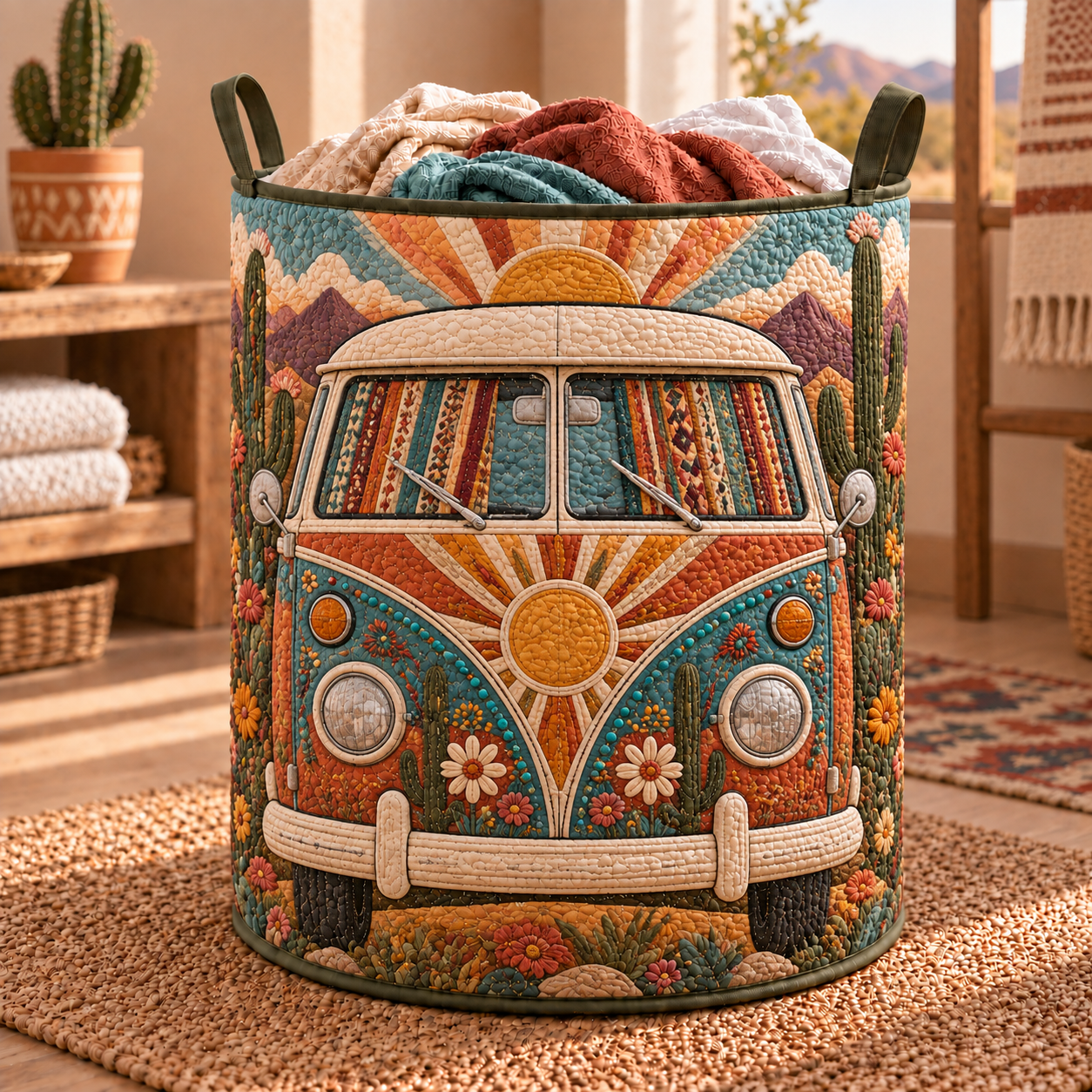 Desert Sunrise Retro Van Quilted Laundry Basket