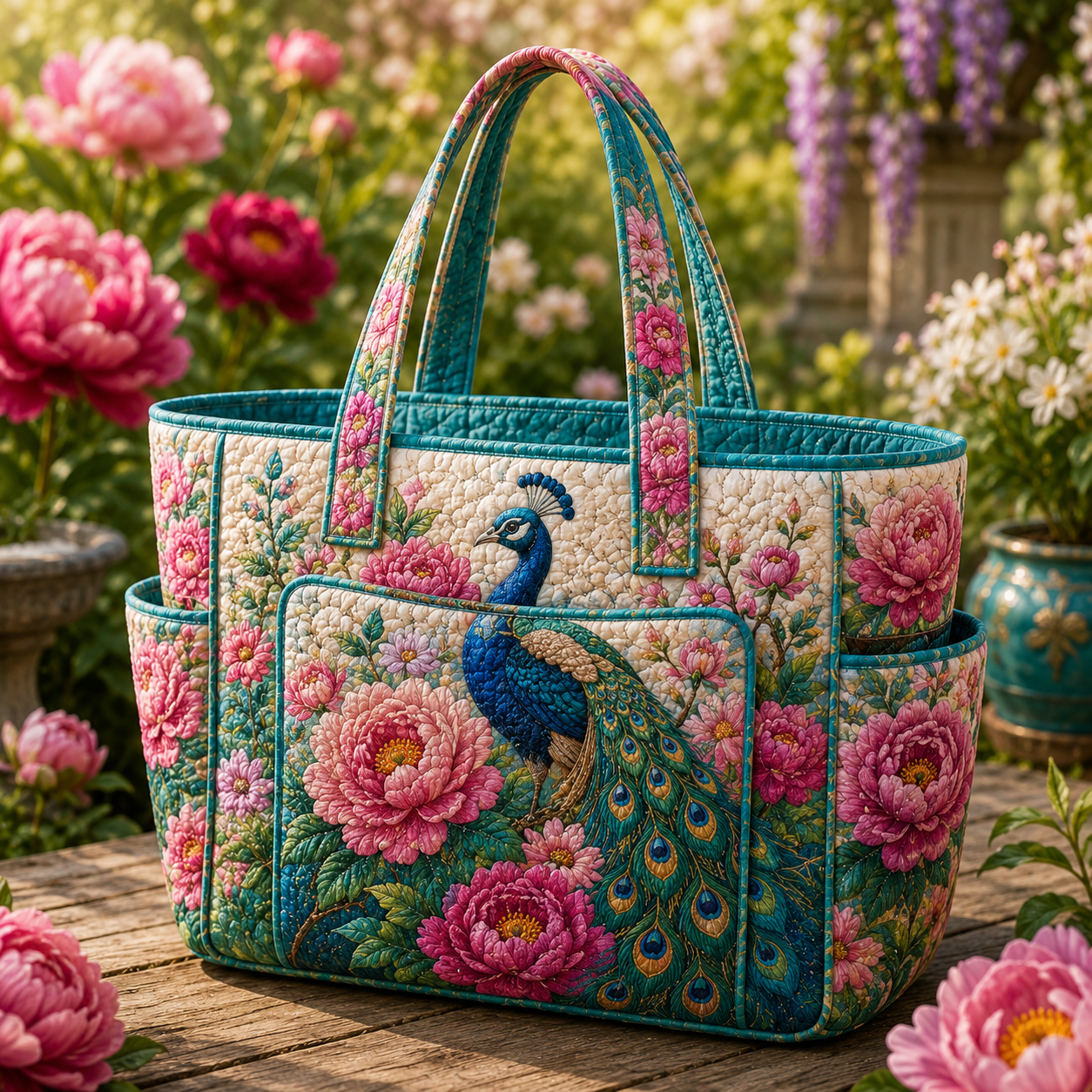 Peacock Peony Garden Multiple Pockets Quilted Tote Bag