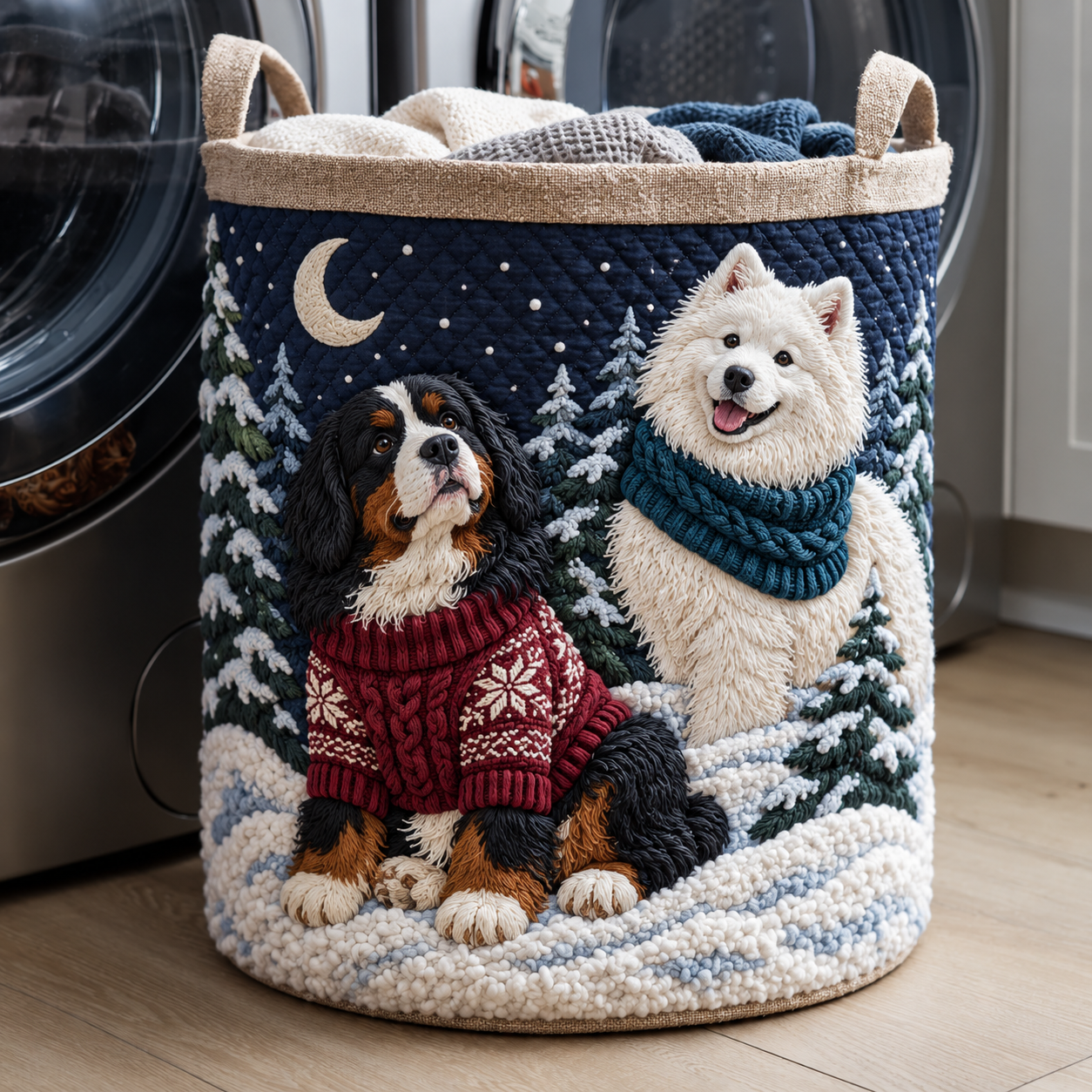 Snowy Christmas Dog Friends Quilted Laundry Basket