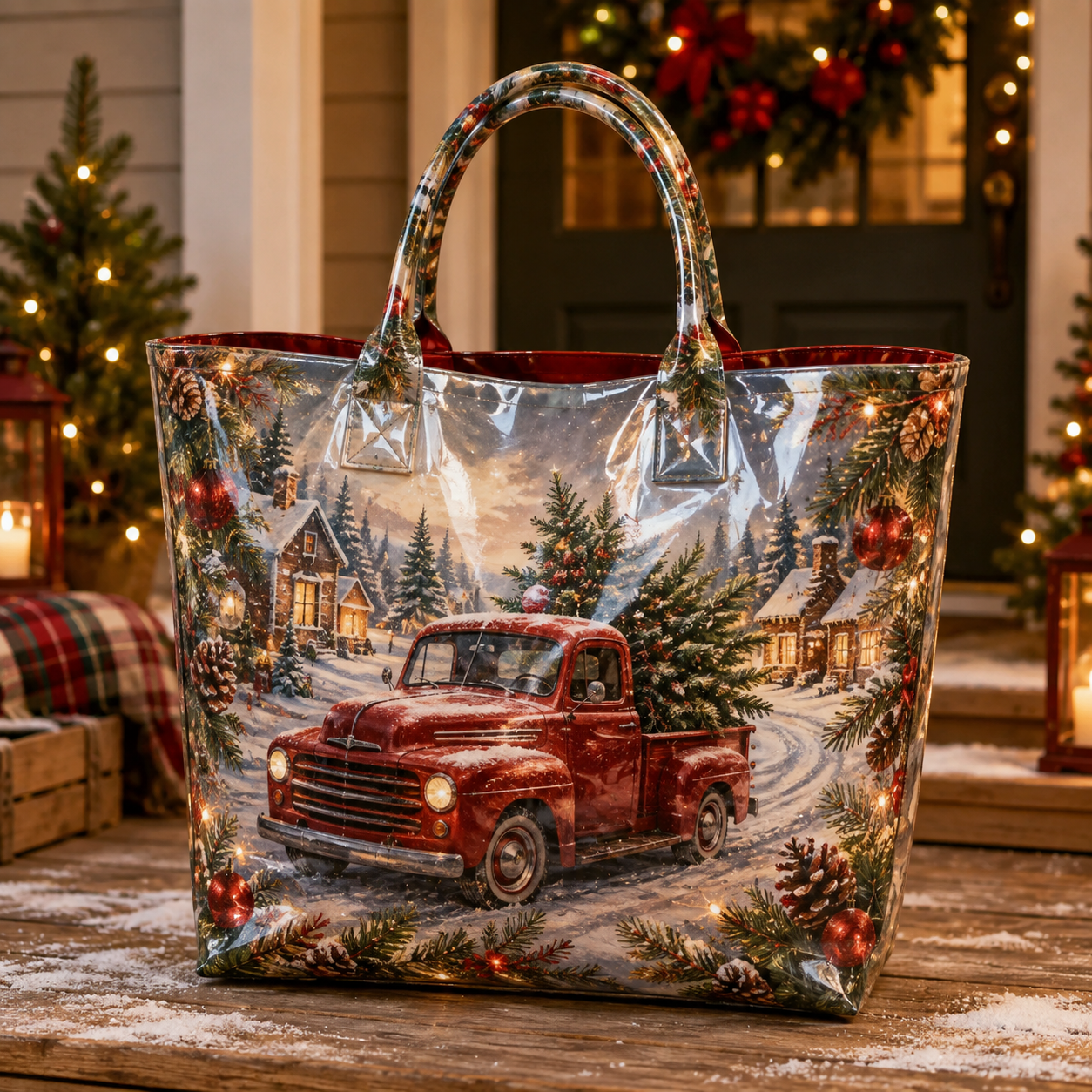 Vintage Red Truck Christmas Tree PVC Tote Bag