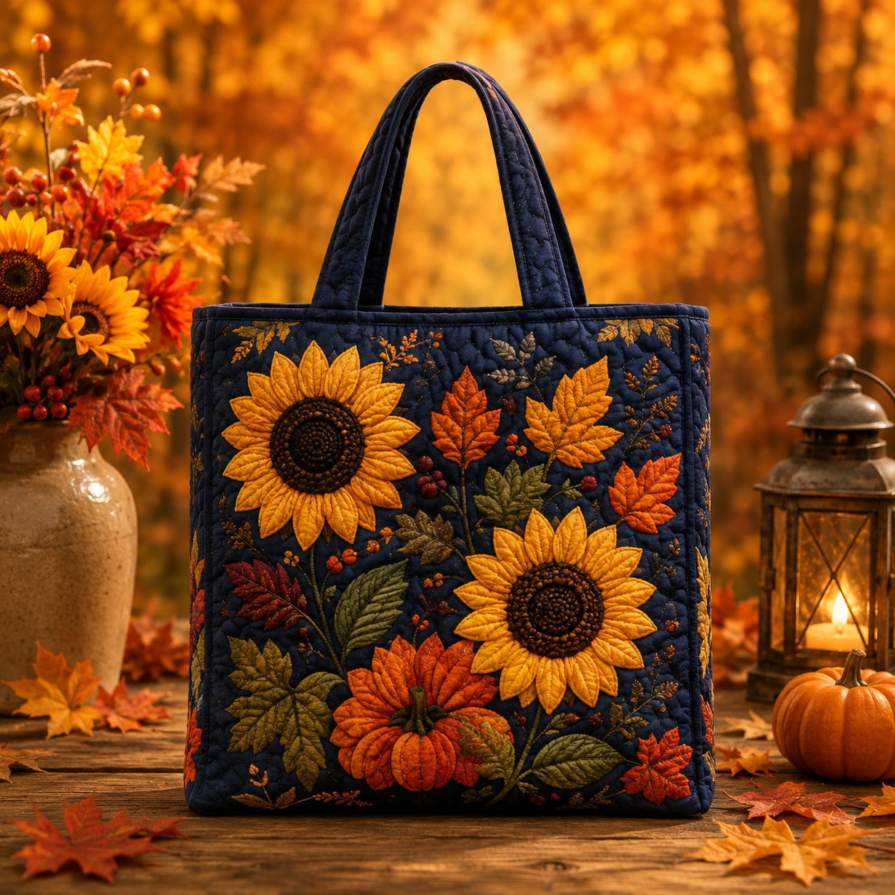 Navy Sunflower Pumpkin Fall Quilted Tote Bag