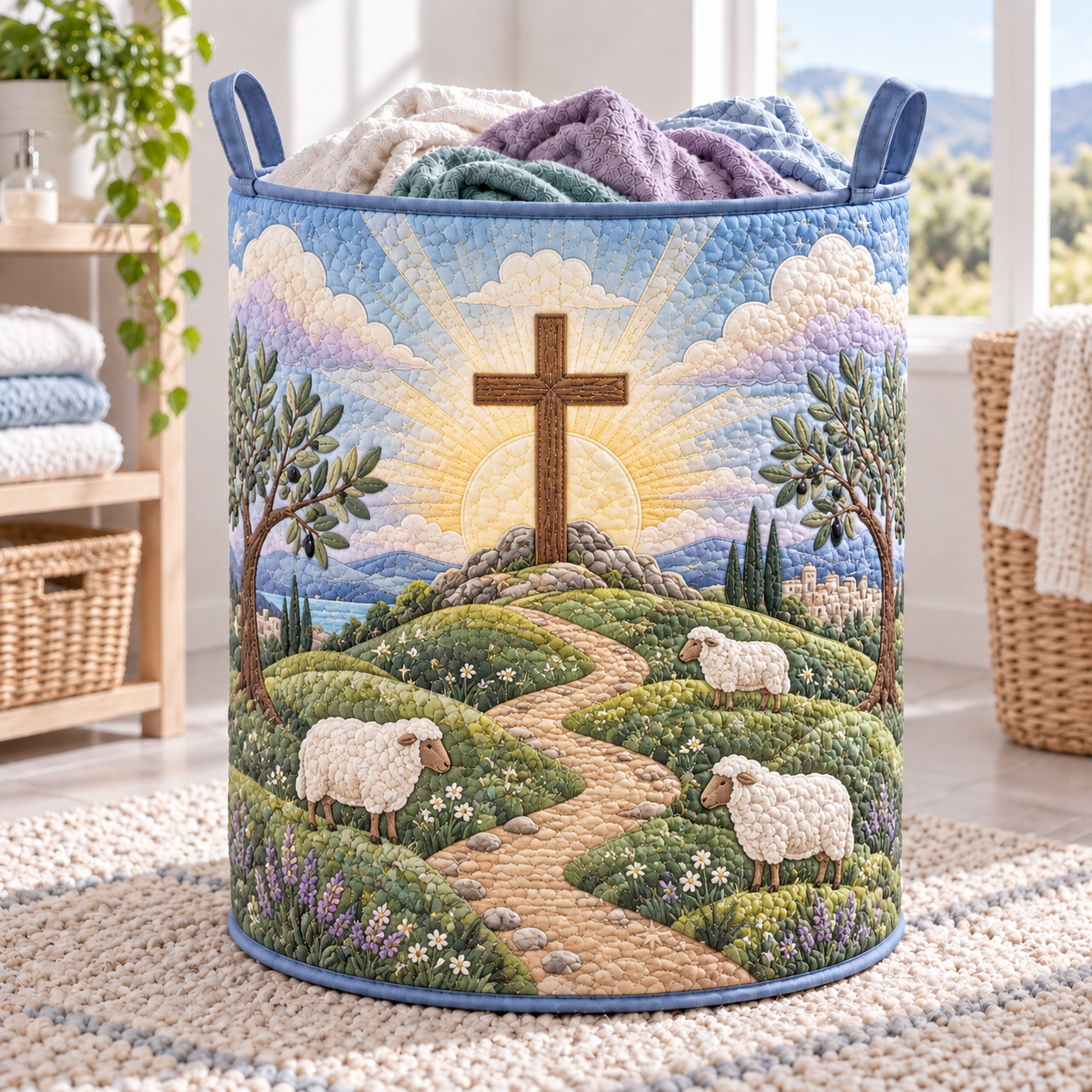 Cross & Sheep Meadow Quilted Laundry Basket
