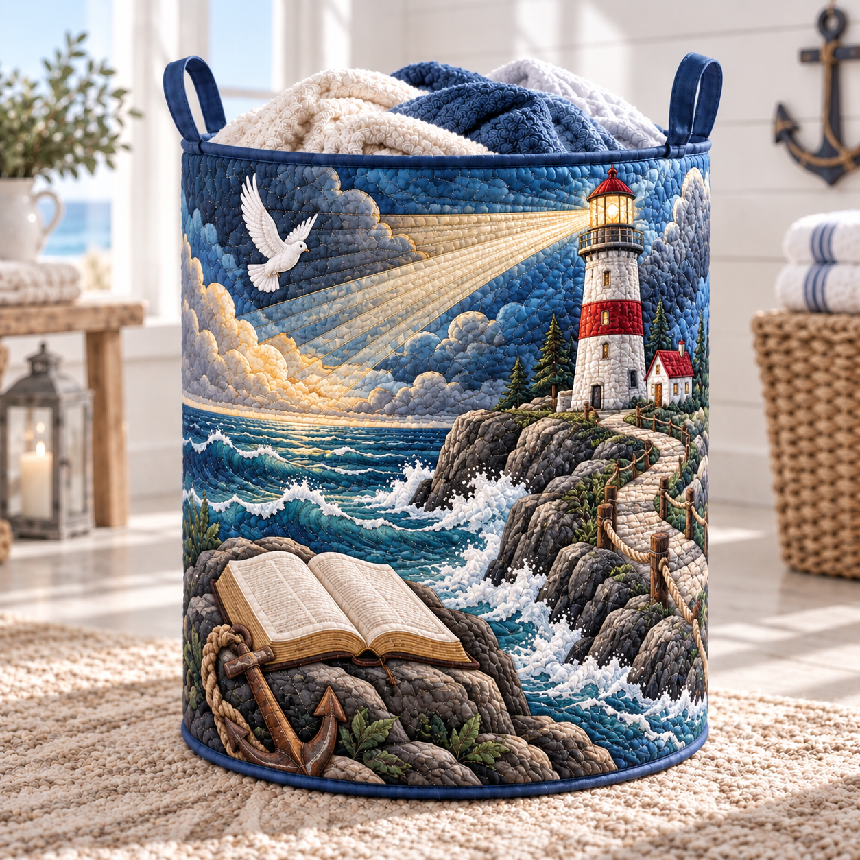Lighthouse & Open Bible Quilted Laundry Basket