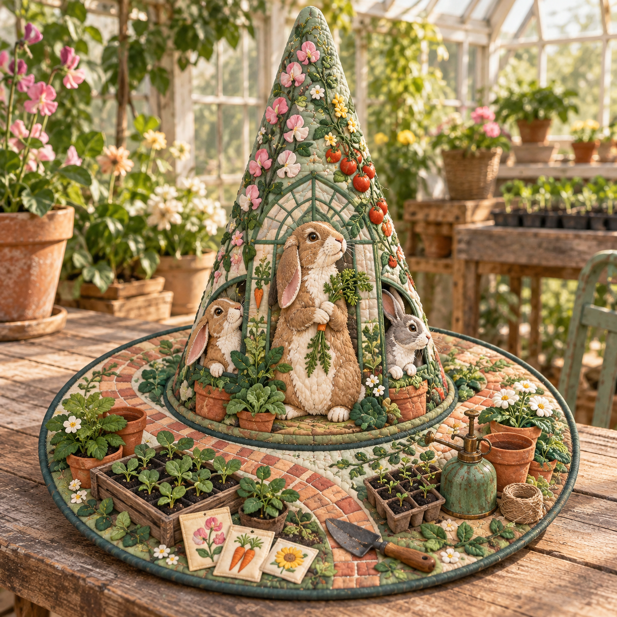 Garden Rabbit Greenhouse Quilted Witch Hat