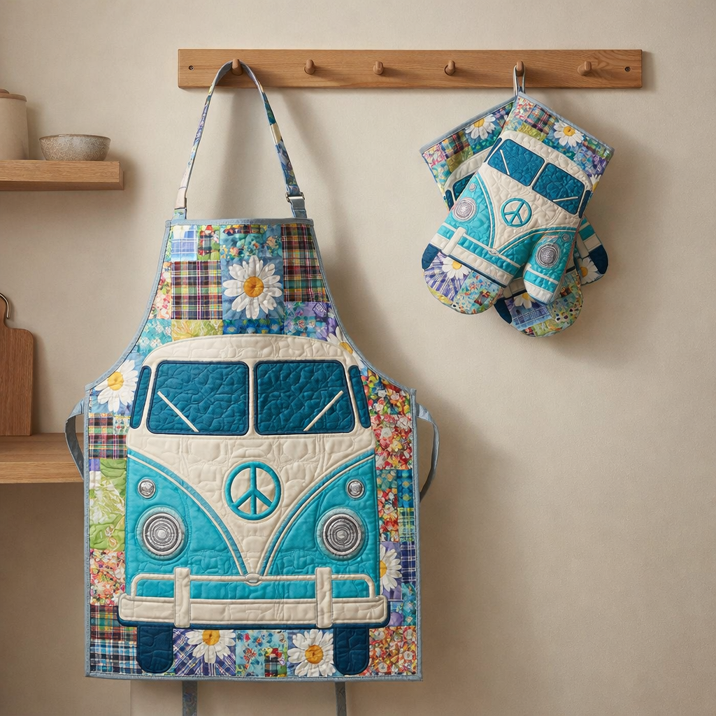 Hippie Van Quilted Apron Set (2-Piece) – Padded Apron + Heat-Resistant Oven Mitts