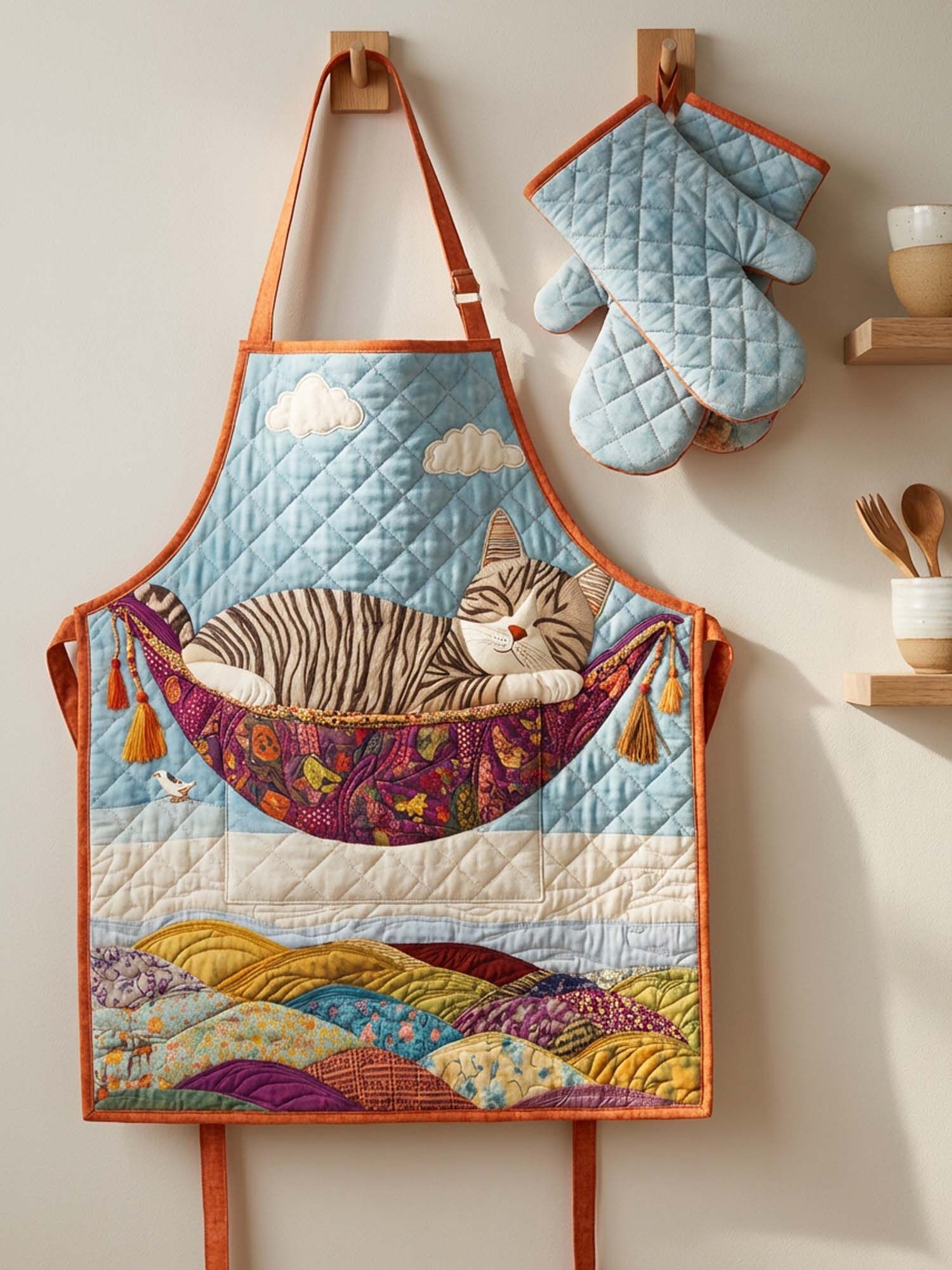 Sleeping Cat Quilted Apron Set (2-Piece) – Padded Apron + Heat-Resistant Oven Mitts