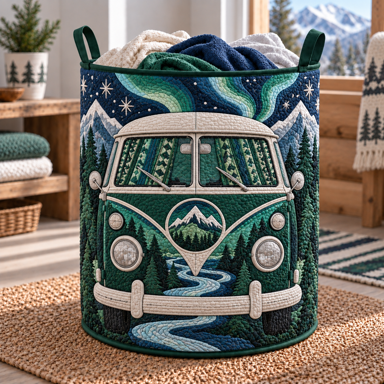 Mountain Adventure Hippie Van Quilted Laundry Basket
