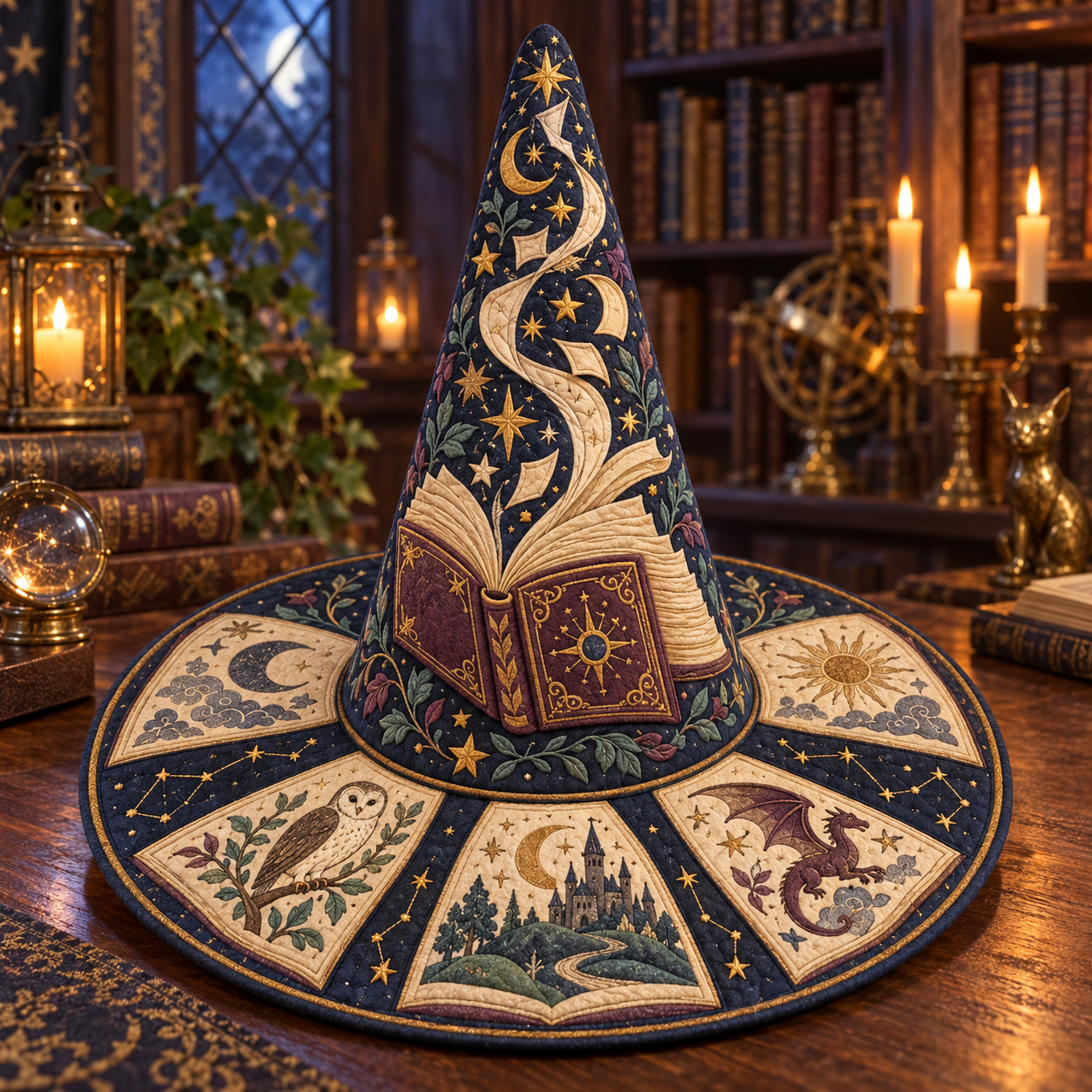 Celestial Open Book Magic Quilted Witch Hat