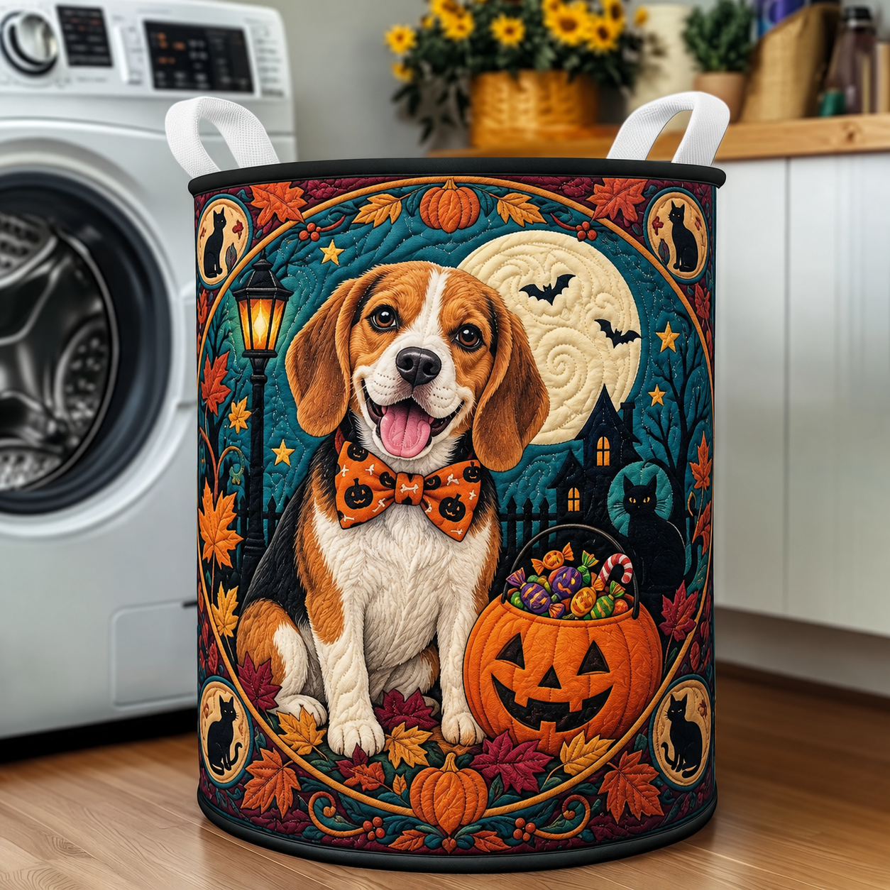 Beagle Pumpkin Moon Quilted Laundry Basket