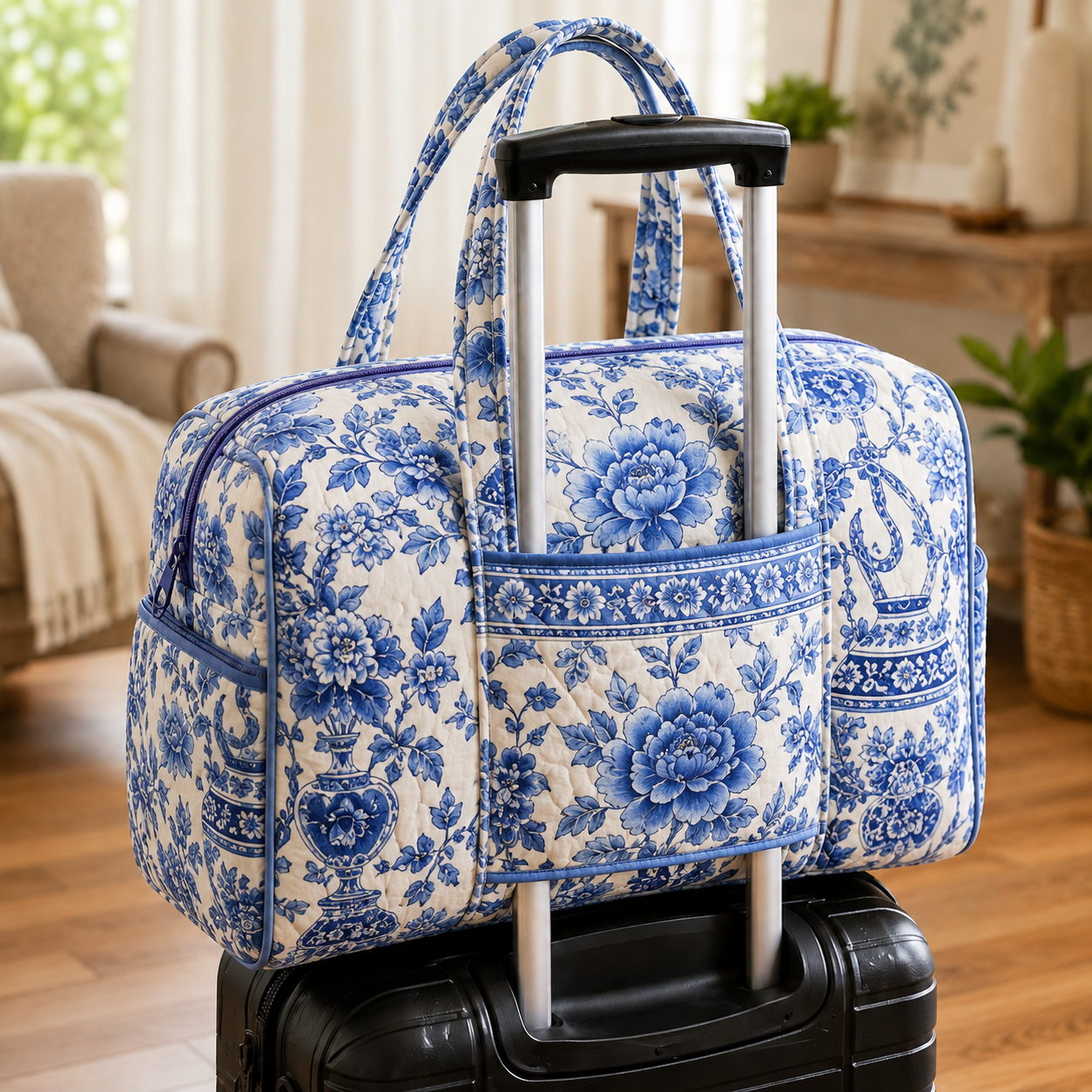 Blue Porcelain Peony Quilted Weekender Bag With Trolley Sleeve