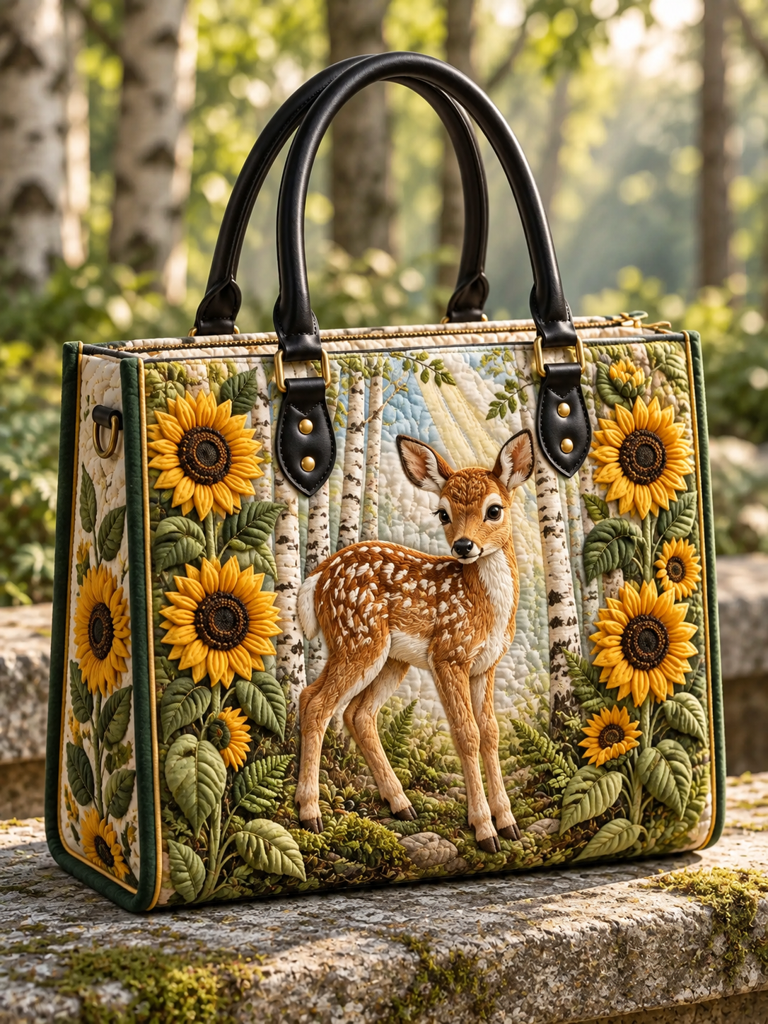Deer Sunflower Woodland Quilted Leather Strap Bible Handbag
