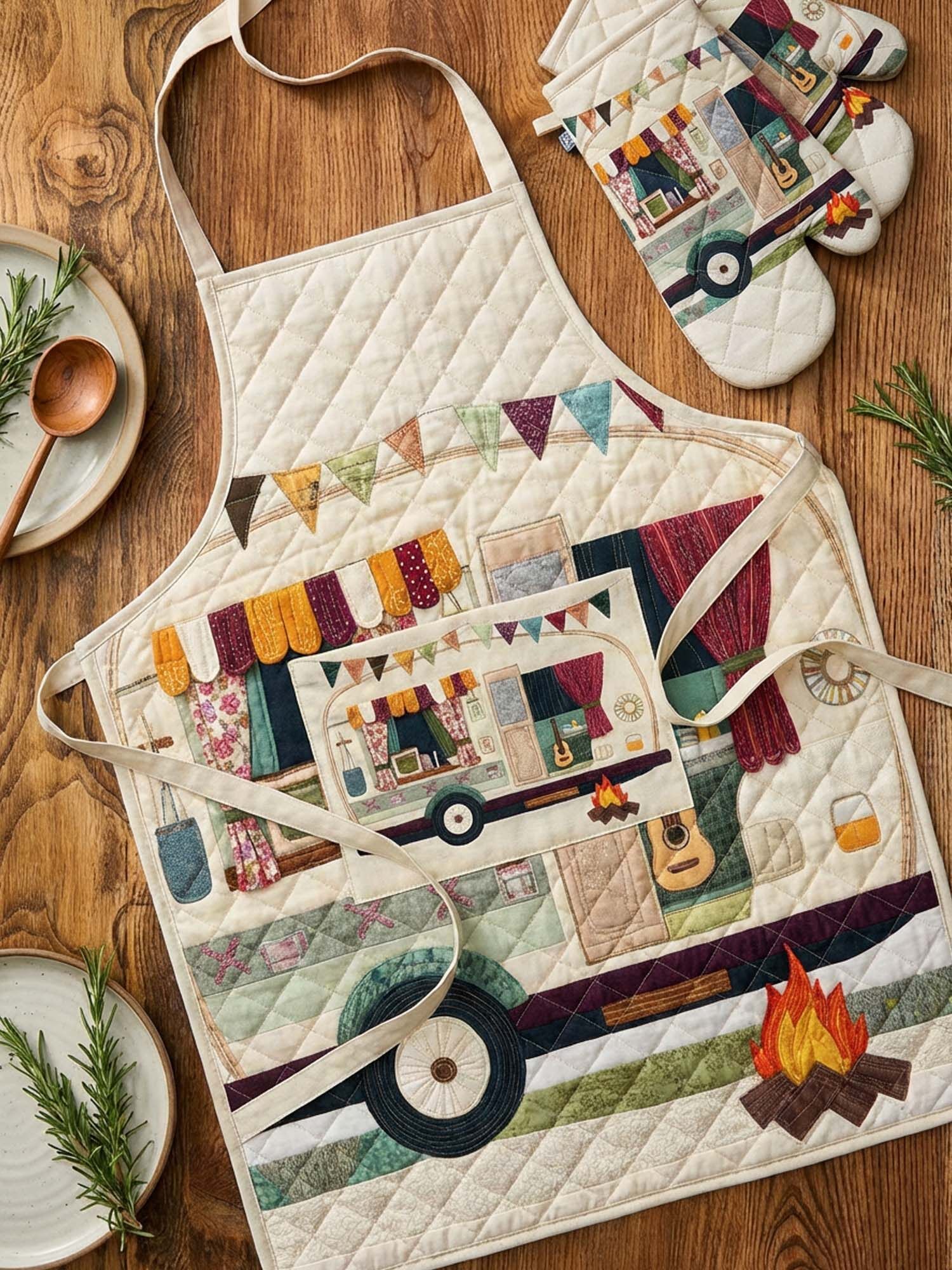 Campervan Quilted Apron Set (2-Piece) – Padded Apron + Heat-Resistant Oven Mitts