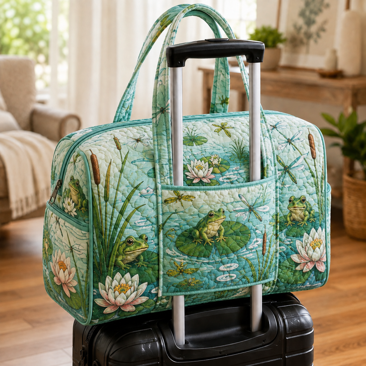 Frog Lily Pond Quilted Weekender Bag With Trolley Sleeve