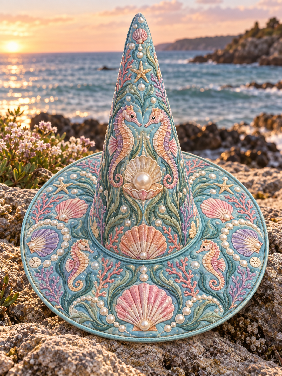 Pastel Seashell Pearl Garden Quilted Witch Hat