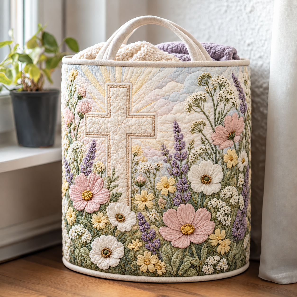 Wildflower Meadow Cross Quilted Laundry Basket
