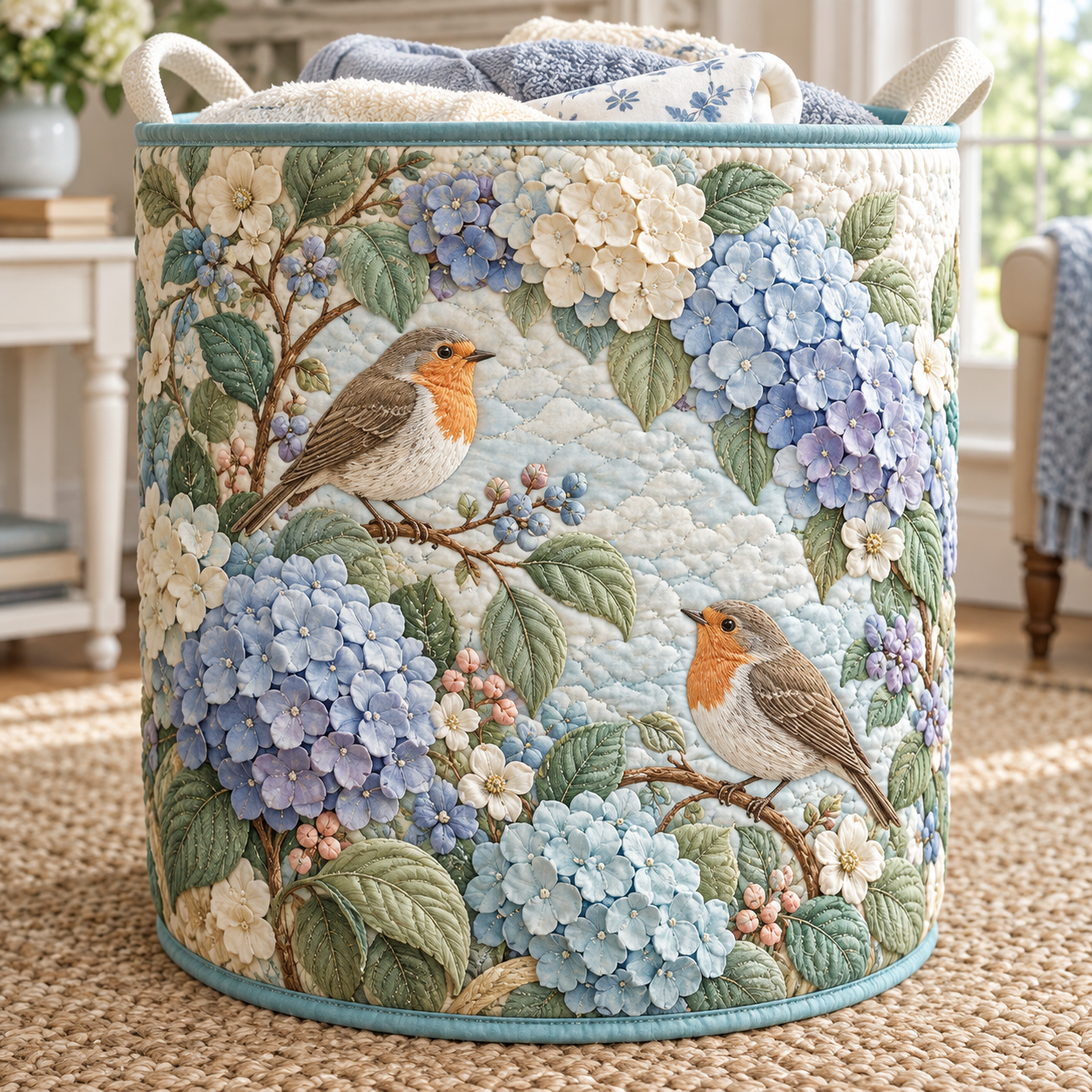 Songbird Hydrangea Garden Quilted Laundry Basket