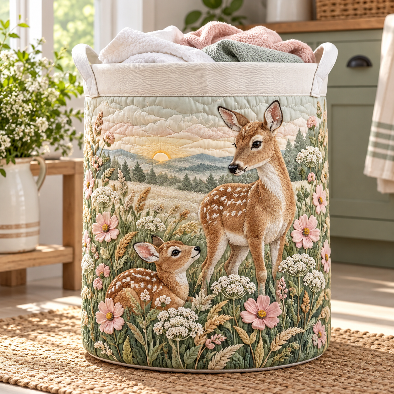 Fawn Wildflower Meadow Quilted Laundry Basket