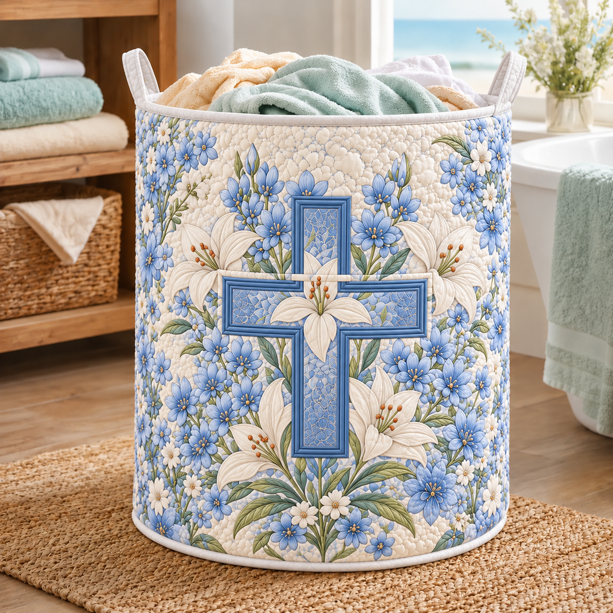 Blue Lily Floral Cross Quilted Laundry Basket