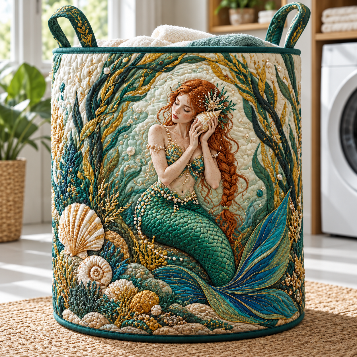 Red Hair Mermaid Underwater Garden Quilted Laundry Basket