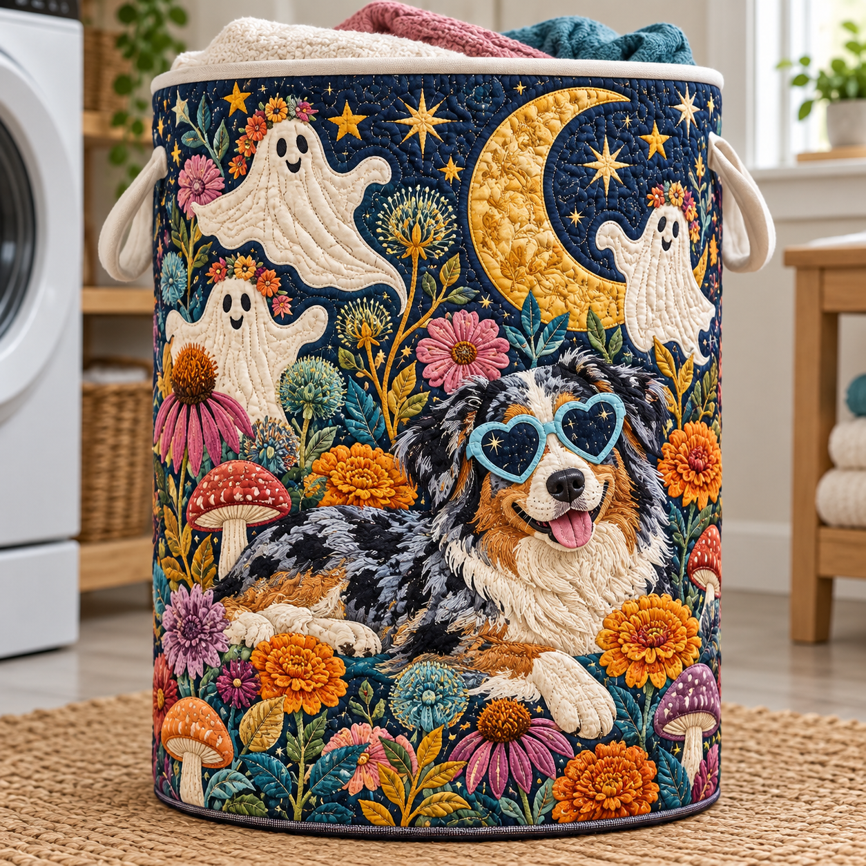 Moonlit Border Collie Ghost Garden Quilted Laundry Basket
