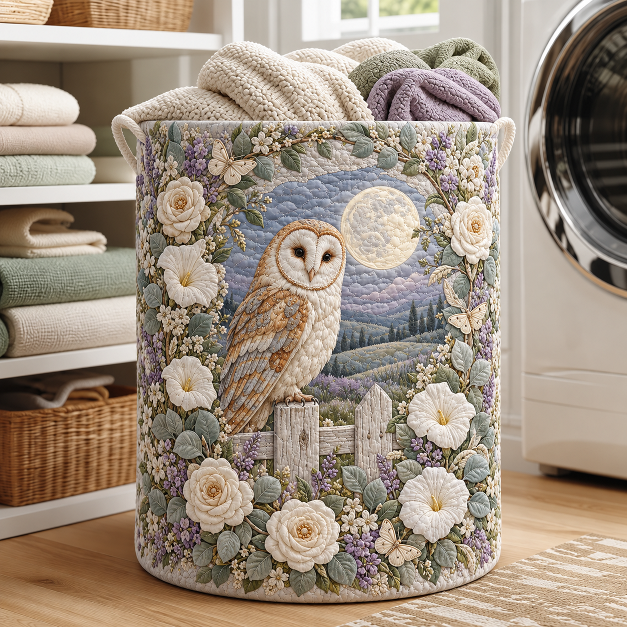 Moonlit Owl Rose Garden Quilted Laundry Basket