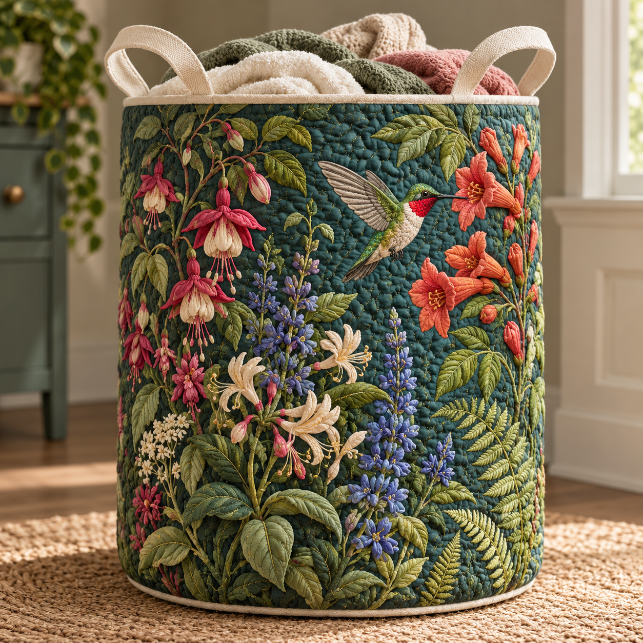 Hummingbird Tropical Flower Garden Quilted Laundry Basket