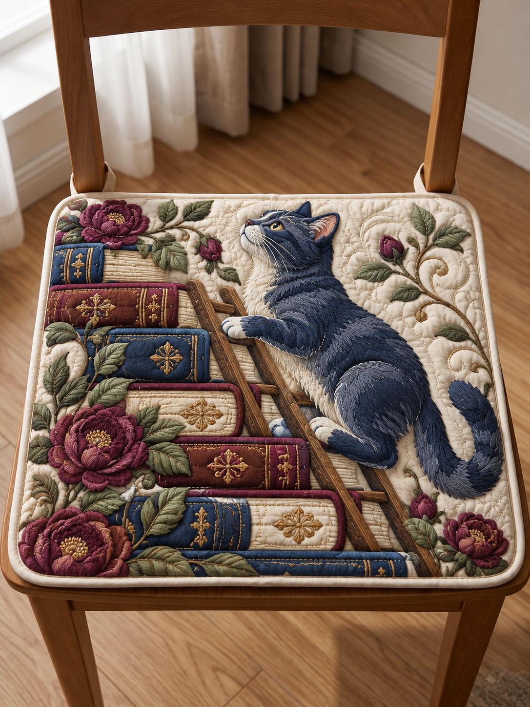 Book Lover’s Blue Cat Quilted Chair Cushion