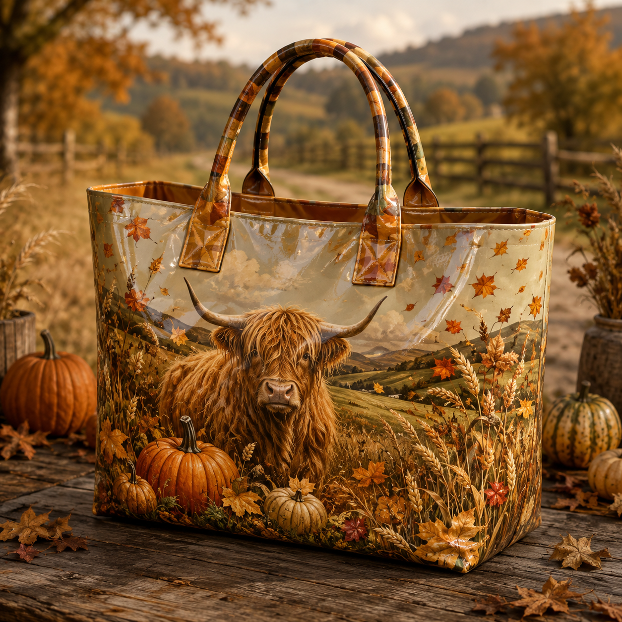 Highland Cow Pumpkin Meadow PVC Tote Bag
