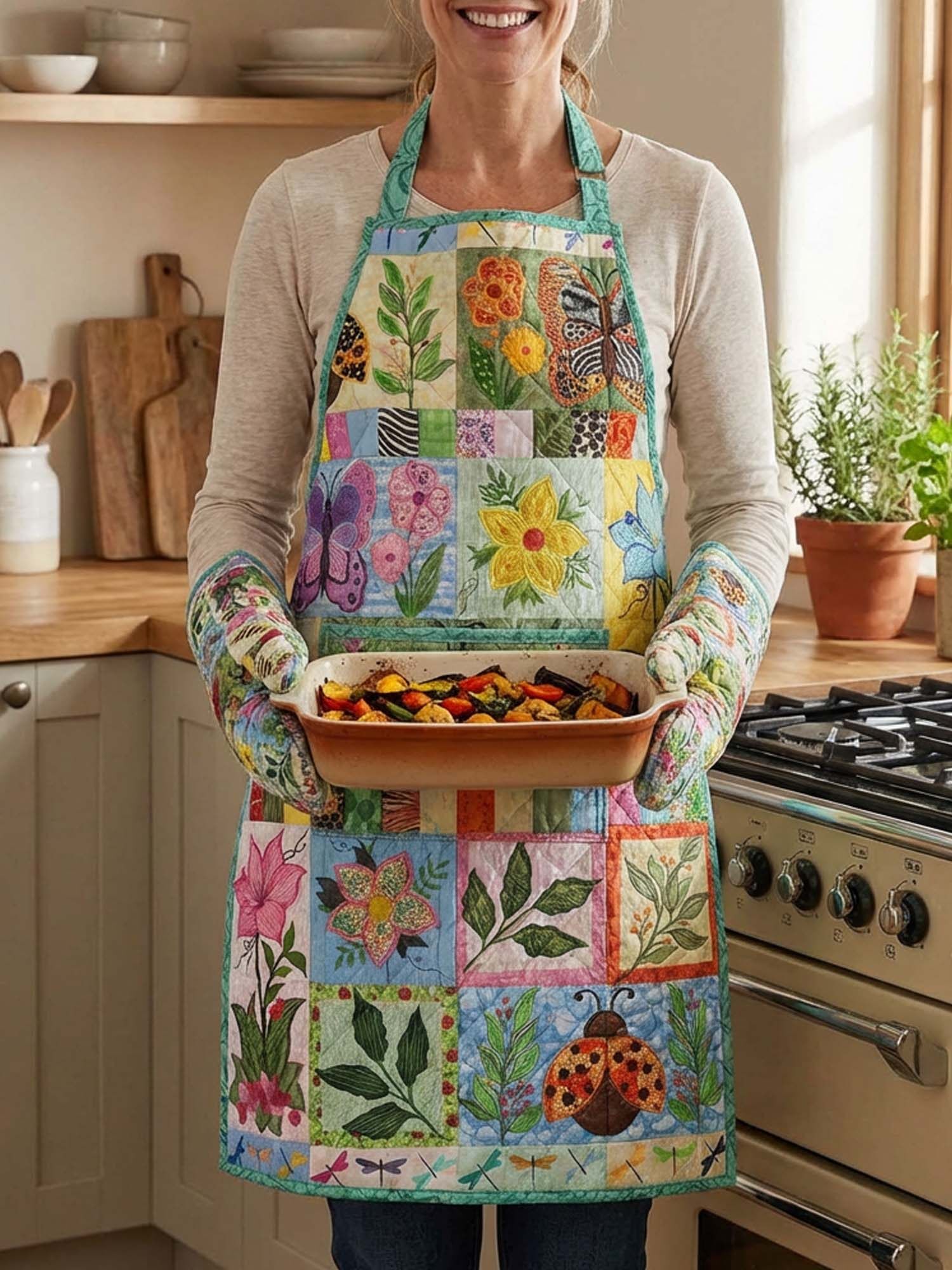 Plants And Insects Quilted Apron Set (2-Piece) – Padded Apron + Heat-Resistant Oven Mitts