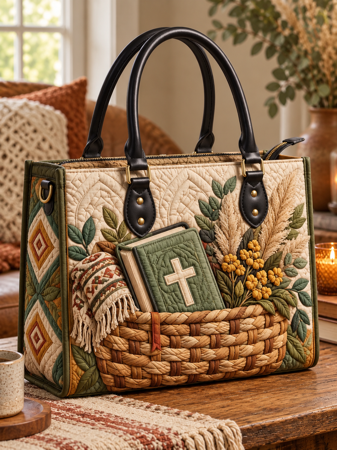 Rustic Cross Basket Faith Quilted Leather Strap Bible Handbag