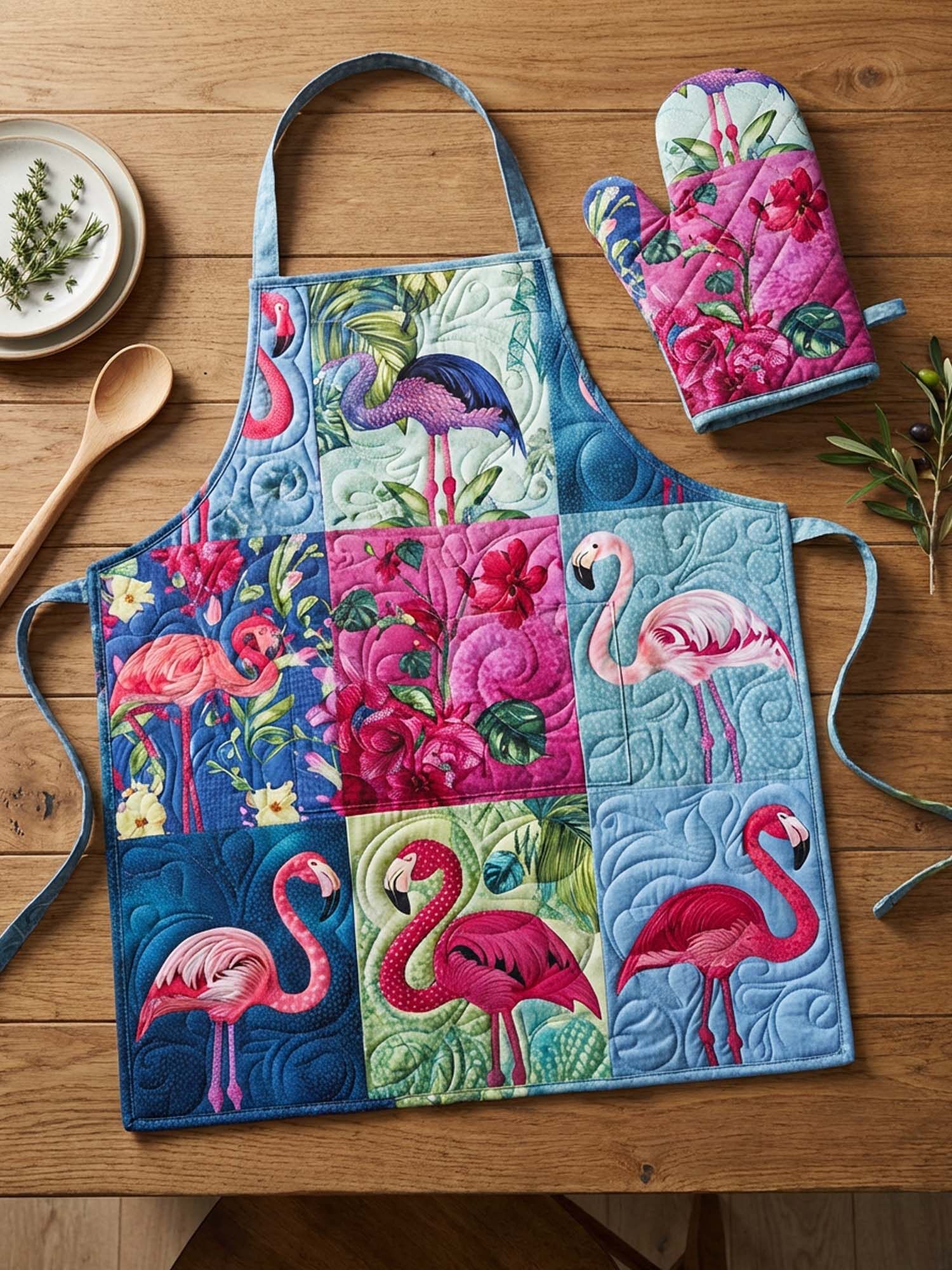 Flamingo Quilted Apron Set (2-Piece) – Padded Apron + Heat-Resistant Oven Mitts