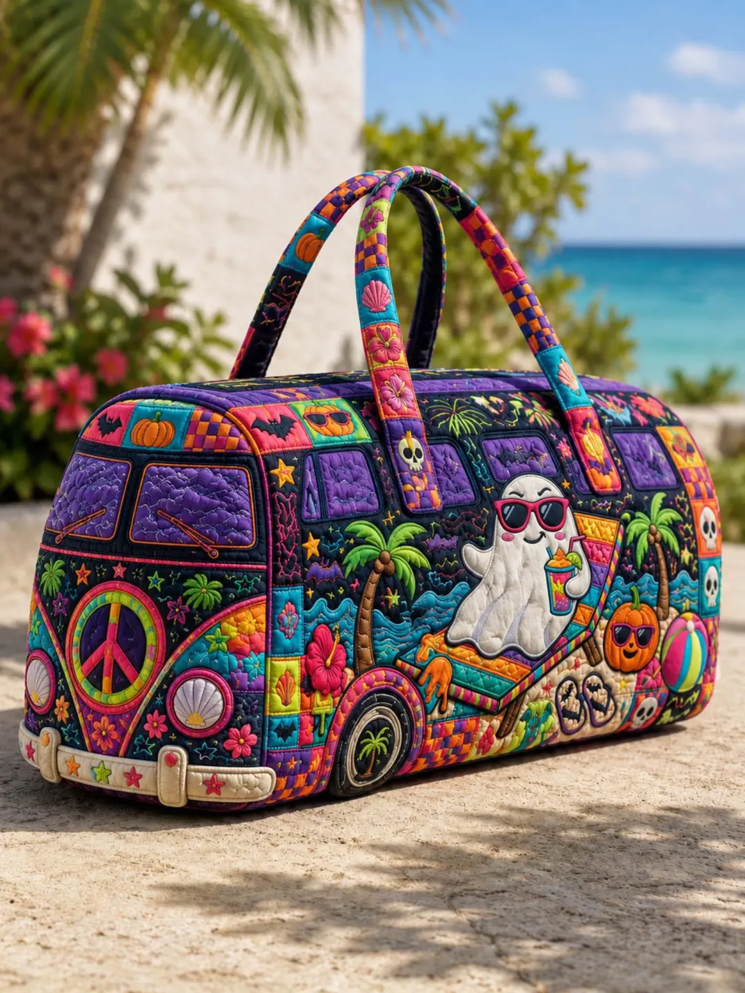 Beach Ghost Summer Hippie Bus Quilted Duffle Bag