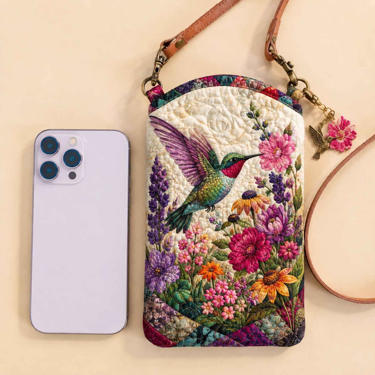 Hummingbird Wildflower Garden Quilted Slim Phone Crossbody Bag