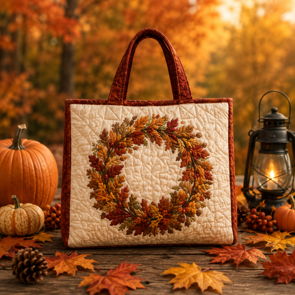 Fall Oak Leaf Wreath Quilted Tote Bag