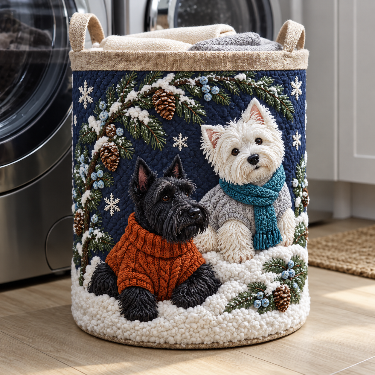 Christmas Wreath Dog Trio Quilted Laundry Basket