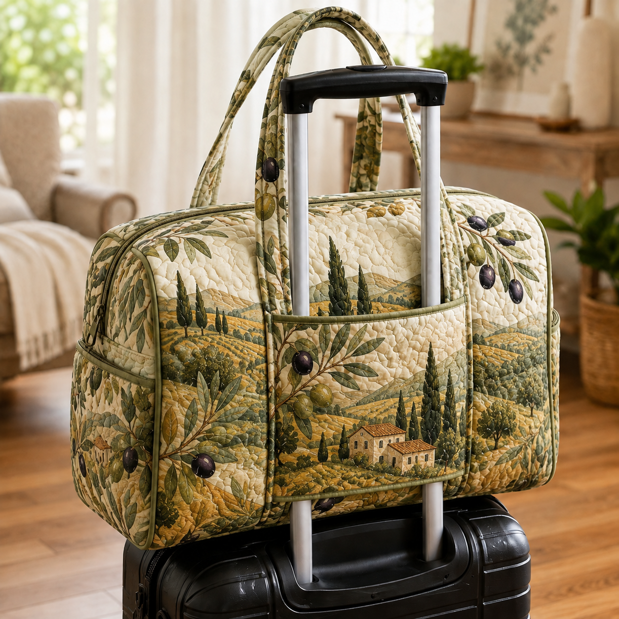 Tuscan Olive Grove Quilted Weekender Bag With Trolley Sleeve