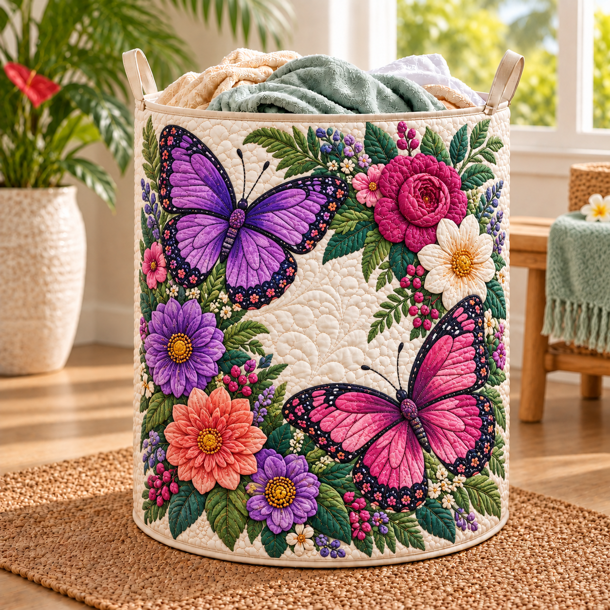 Pink Butterfly Floral Bloom Quilted Laundry Basket