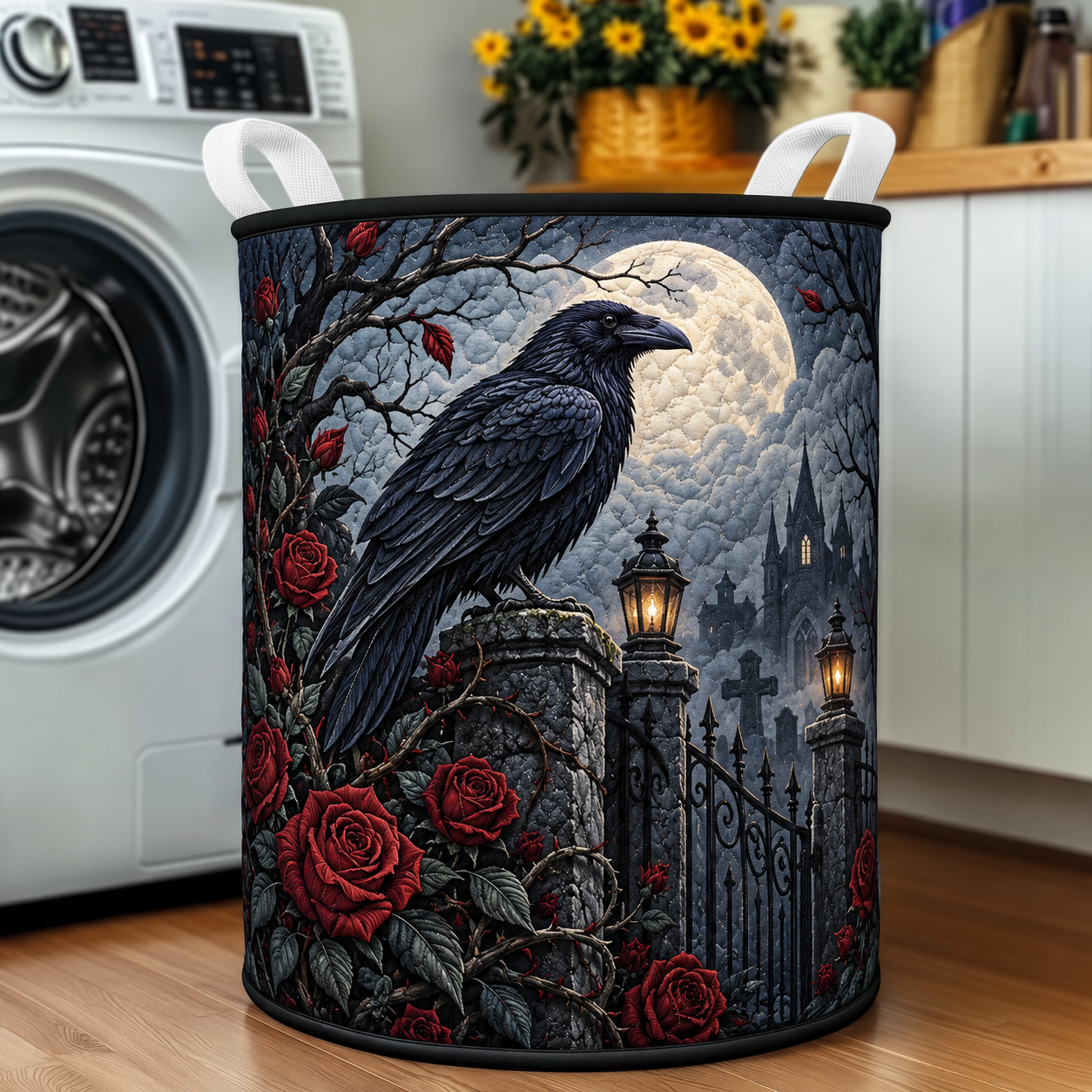 Gothic Raven Moonlight Quilted Laundry Basket