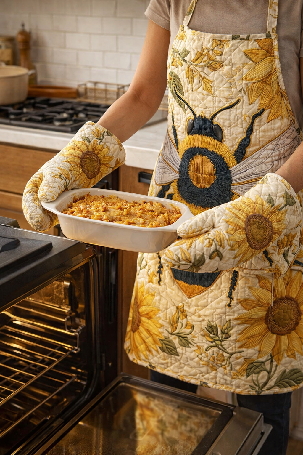 Bees And Sunflowers Quilted Apron Set (2-Piece) – Padded Apron + Heat-Resistant Oven Mitts