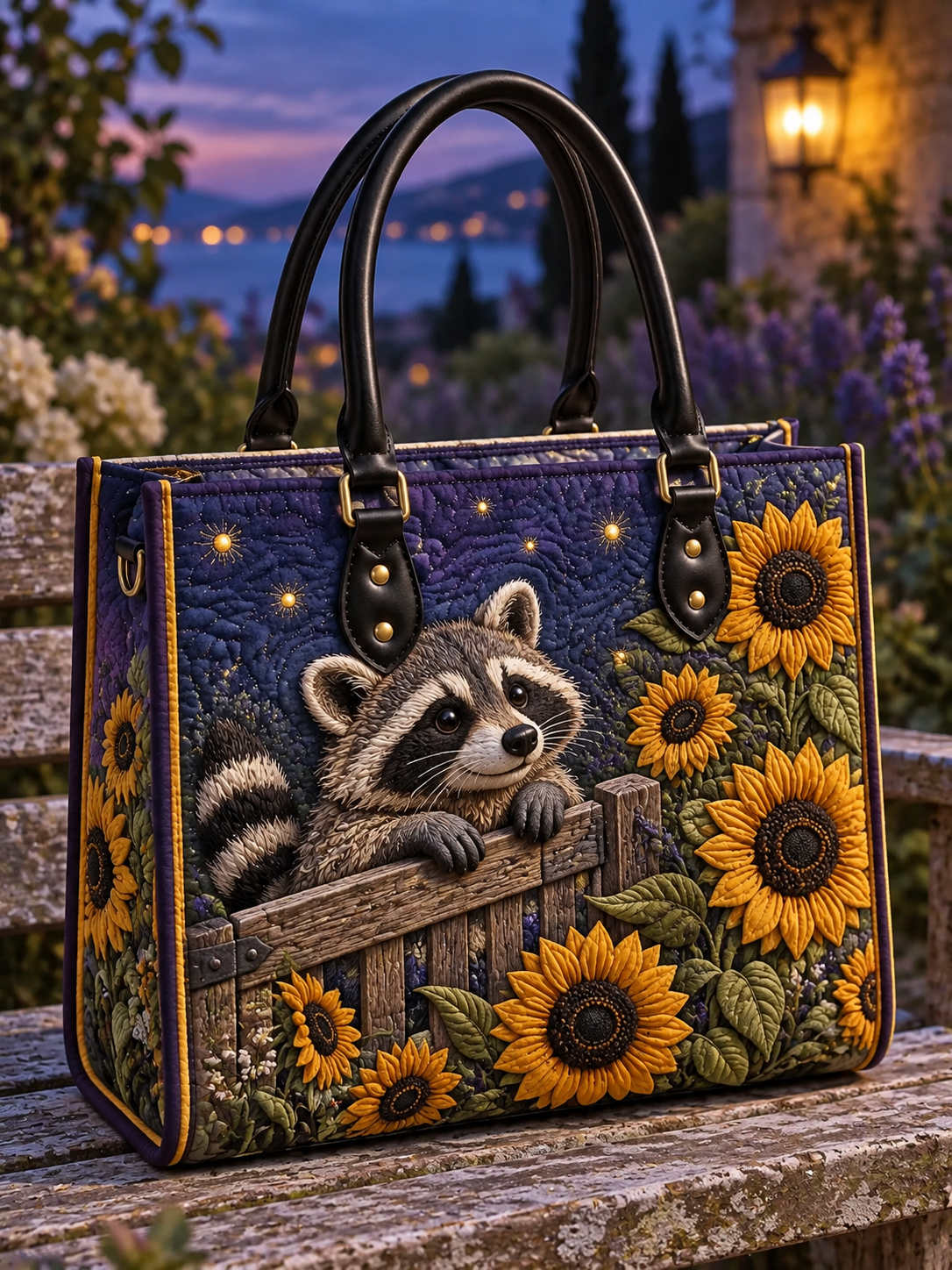 Raccoon Sunflower Moonlight Quilted Leather Strap Bible Handbag